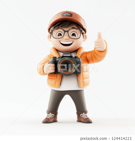 A cartoon boy is holding a camera and smiling 124414221