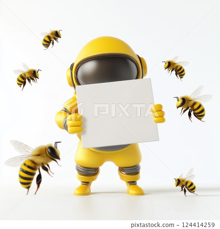 A yellow space suit holding a white board with a bee on it 124414259
