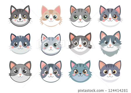 Big collection of adorable cat faces for designs and illustrations. Cute cats. Flat style illustration. 124414281