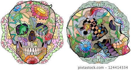 Zentangle stylized two skulls side view and front view on mandala. Hand drawn decorative vector illustration 124414334