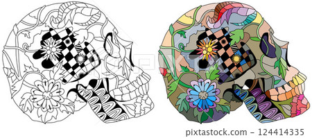 Zentangle stylized scull side view for coloring. Hand drawn decorative vector illustration 124414335