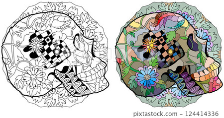 Zentangle stylized scull side view on mandala. Hand drawn decorative vector illustration 124414336