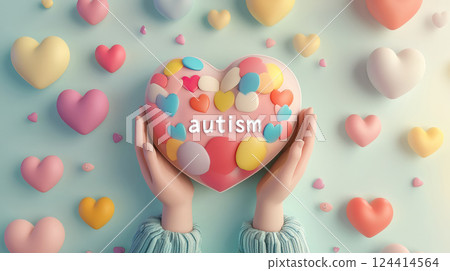 Pink large heart decorated with small multicolored hearts with the word "autism" in the hands of a person 124414564