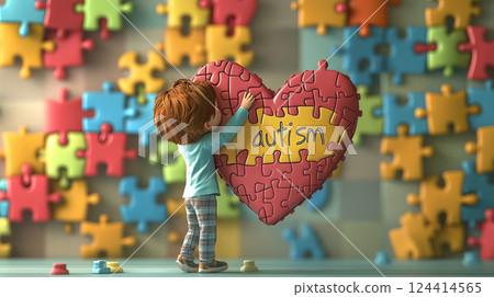 A boy hugs a huge heart consisting of puzzle pieces with the letters "autism". Conceptual 3d illustration 124414565