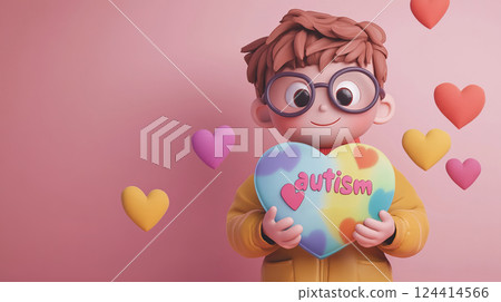 A cute boy is holding a huge multicolored heart with the inscription "autism". Conceptual 3D illustration for the World Autism Awareness Day. 124414566