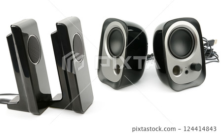 A new black bookshelf speakers isolated on white background. 124414843