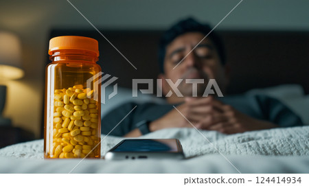 A man rests in bed, reflecting on his health while a bottle of yellow pills sits nearby. This scene captures the intersection of medication and mindfulness in daily life. 124414934