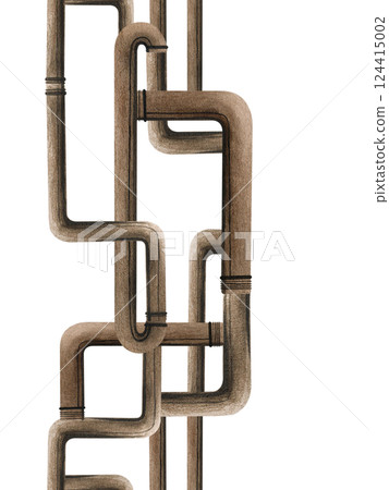 Interlocking copper pipes plumbing pipeline with connectors seamless vertical border isolated on white background. Watercolor illustration water supply. Plumbing, drainage, web design and template 124415002