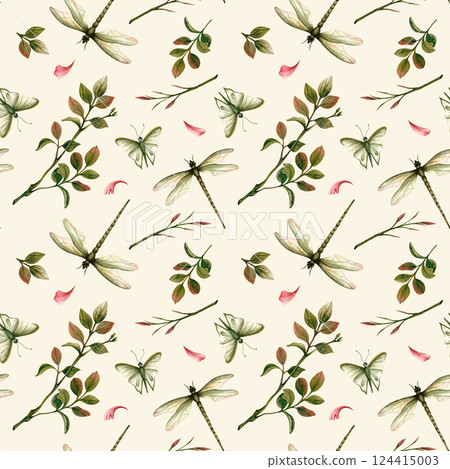 Summer leaves, butterfly and dragonfly seamless floral pattern isolated on yellow background. Insects and plants watercolor illustration. For packaging, wrapping paper and textile. Botanical ornament 124415003