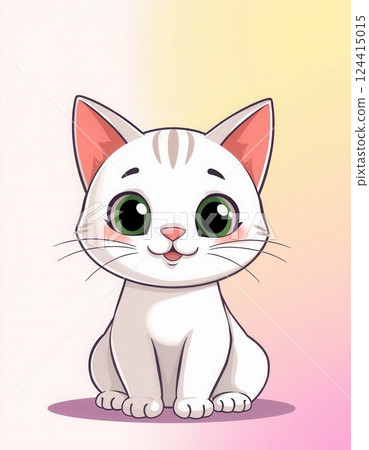 Cute cartoon white cat with green eyes on colorful background 124415015