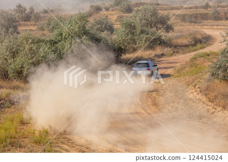 Rally Hatchback and a Cloud of Dust on a Dirt Road 124415024