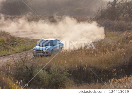 Sports Car on a Turn and a Cloud of Dust 124415029