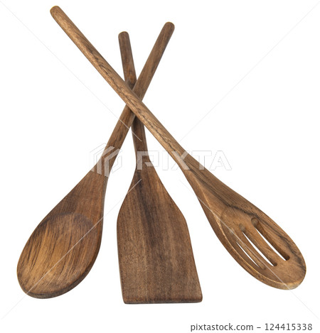 Wooden spoons, spatulas and a rolling pin isolated on white background 124415338