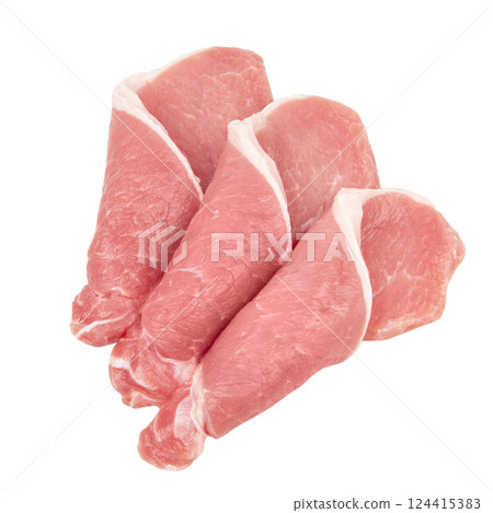 sliced raw pork meat isolated on white background. Top view. Flat lay sliced raw pork meat isolated on white background. Top view. Flat lay 124415383