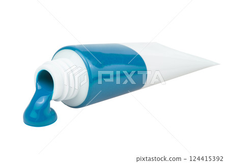 Acrylic blue paint tubes with smears, isolated on a white background 124415392