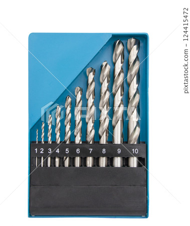 Drill bit set in box isolated on white background 124415472