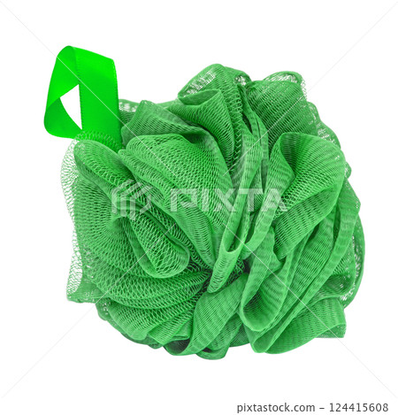Green bath sponge for shower body care isolated on the white background Green bath sponge for shower body care isolated on the white background 124415608