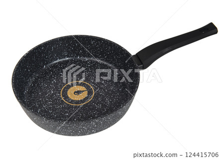 Black frying pan with nonstick surface isolated on white background, close-up, top view 124415706