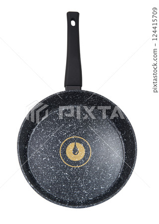 Black frying pan with nonstick surface isolated on white background, close-up, top view 124415709