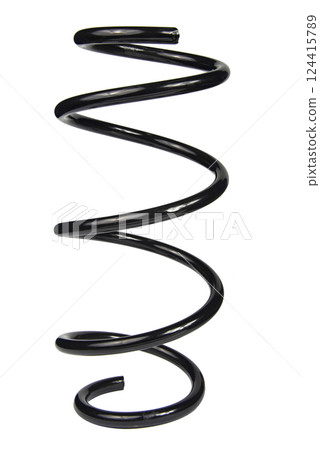 Car spare part. Large metal spring on white background. cushioning spring over white background, auto spare parts. automotive suspension springs on a white background 124415789
