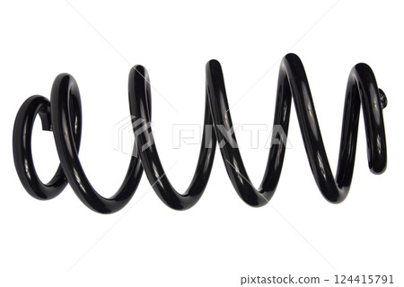 Car spare part. Large metal spring on white background. cushioning spring over white background, auto spare parts. automotive suspension springs on a white background Car spare part. Large metal spring on white background. cushioning spring over white background, auto spare parts. automotive suspension springs on a white background 124415791