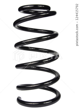 Car spare part. Large metal spring on white background. cushioning spring over white background, auto spare parts. automotive suspension springs on a white background 124415792