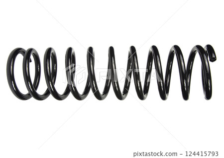 Car spare part. Large metal spring on white background. cushioning spring over white background, auto spare parts. automotive suspension springs on a white background Car spare part. Large metal spring on white background. cushioning spring over white background, auto spare parts. automotive suspension springs on a white background 124415793