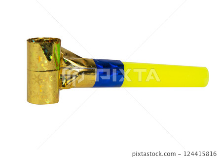 Party yellow gold horn blower rolled whistle noisemaker isolated on the white Party yellow gold horn blower rolled whistle noisemaker isolated on the white 124415816