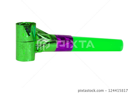 Party green horn blower rolled whistle noisemaker isolated on the white Party green horn blower rolled whistle noisemaker isolated on the white 124415817