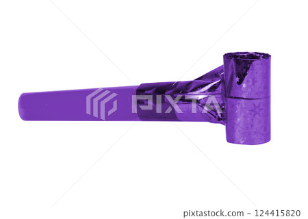 Party violet horn blower rolled whistle noisemaker isolated on the white Party violet horn blower rolled whistle noisemaker isolated on the white 124415820