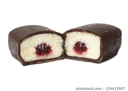 cottage cheese. glazed curds in caramel glaze. glazed curd bars in chocolate glaze on white background. half glazed curds. one on the other. from cottage cheese 124415887