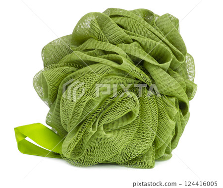 Green bath puff shower sponge isolated on the white background 124416005