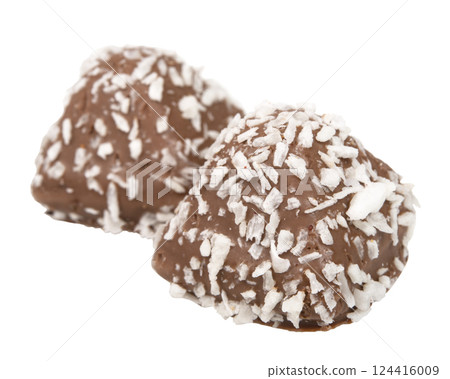 Chocolate bonbon candy sweet with coconut isolated on the white background Chocolate bonbon candy sweet with coconut isolated on the white background 124416009