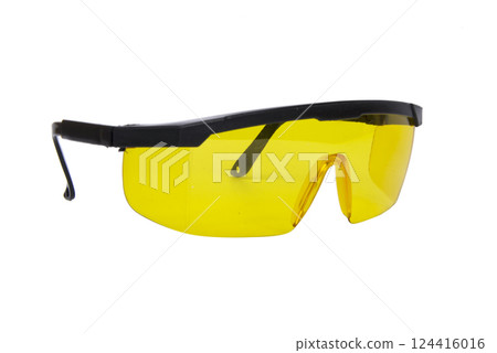 Fashionable glasses with yellow lenses. Night glasses eye wear for car drivers. Isolated on white. Sunglasses 124416016