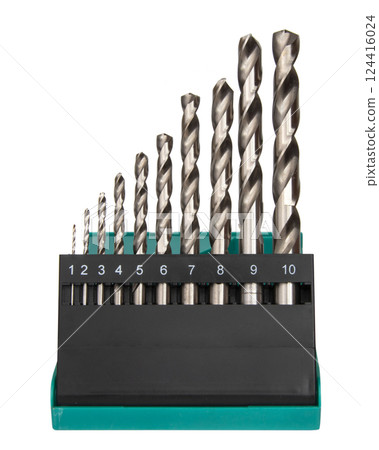 Drill bit set in box isolated on white background Drill bit set in box isolated on white background 124416024