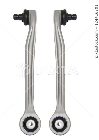 Car suspension arm aluminium detail isolated on the white background Car suspension arm aluminium detail isolated on the white background 124416201