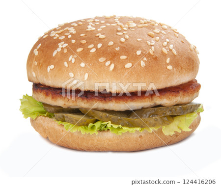 Tasty fast food burger with beef, onion, cucumbers and salad american style 124416206