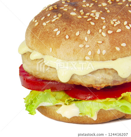 Tasty fast food burger with beef, onion, cucumbers and salad american style 124416207