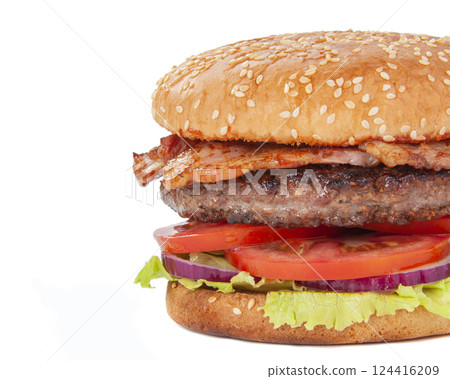 Tasty fast food burger with beef, onion, cucumbers and salad american style Tasty fast food burger with beef, onion, cucumbers and salad american style 124416209
