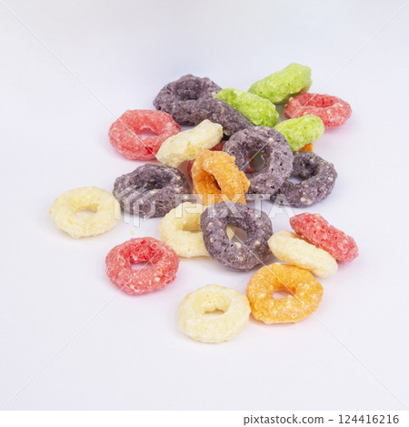 Multicolor loops breakfast cereal rings on the white background Multicolor loops breakfast cereal rings on the white background 124416216
