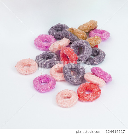 Multicolor loops breakfast cereal rings on the white background Multicolor loops breakfast cereal rings on the white background 124416217