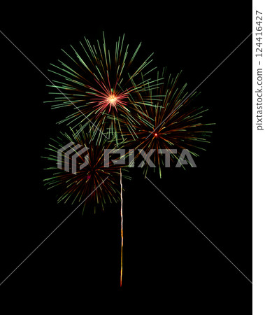 Red and green firework sparkling on black background for celebration and anniversary 124416427