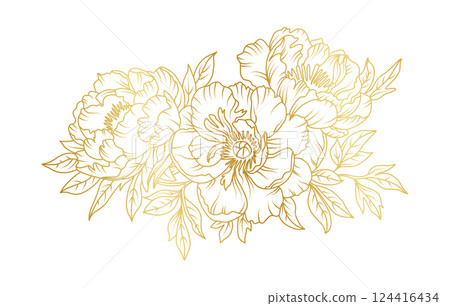 Golden peony flowers line art isolated on white background. Luxury peony floral design elements for invitation, wedding, wallpaper, print template, vector illustration Golden peony flowers line art isolated on white background. Luxury peony floral design elements for invitation, wedding, wallpaper, print template, vector illustration 124416434