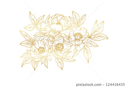 Golden peony flowers line art isolated on white background. Luxury peony floral design elements for invitation, wedding, wallpaper, print template, vector illustration 124416435
