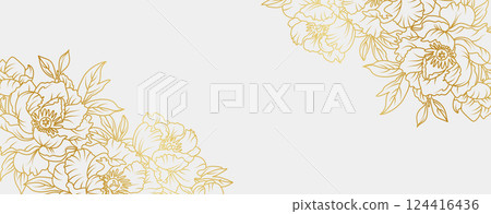 Luxury gold peony flowers background. Floral pattern tropical in line art style for greeting, invitation, wedding card, wall art, wallpaper and print. Vector illustration 124416436