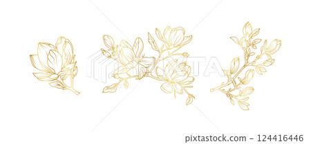 Luxury gold magnolia flowers background. Floral pattern tropical in line art style for greeting, invitation, wedding card, wall art, wallpaper and print. Vector illustration 124416446