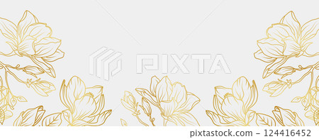 Luxury gold magnolia flowers background. Floral pattern tropical in line art style for greeting, invitation, wedding card, wall art, wallpaper and print. Vector illustration 124416452