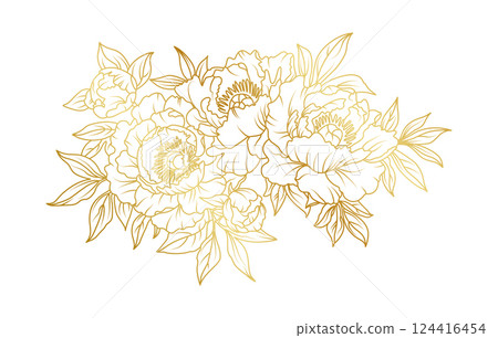 Golden peony flowers line art isolated on white background. Luxury peony floral design elements for invitation, wedding, wallpaper, print template, vector illustration 124416454