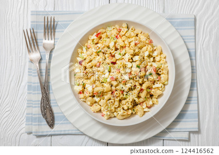 macaroni salad with celery, eggs, red bell pepper macaroni salad with celery, eggs, red bell pepper 124416562