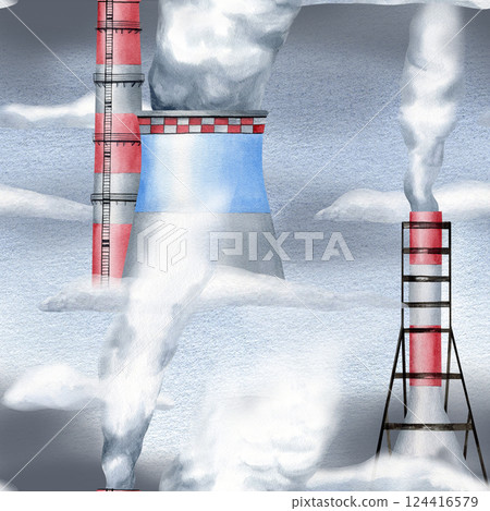 Industrial city factories watercolor seamless pattern isolated on grey. Environmental pollution concept with plant pipes and smoke repeat background for global warming and heavy industry designs 124416579